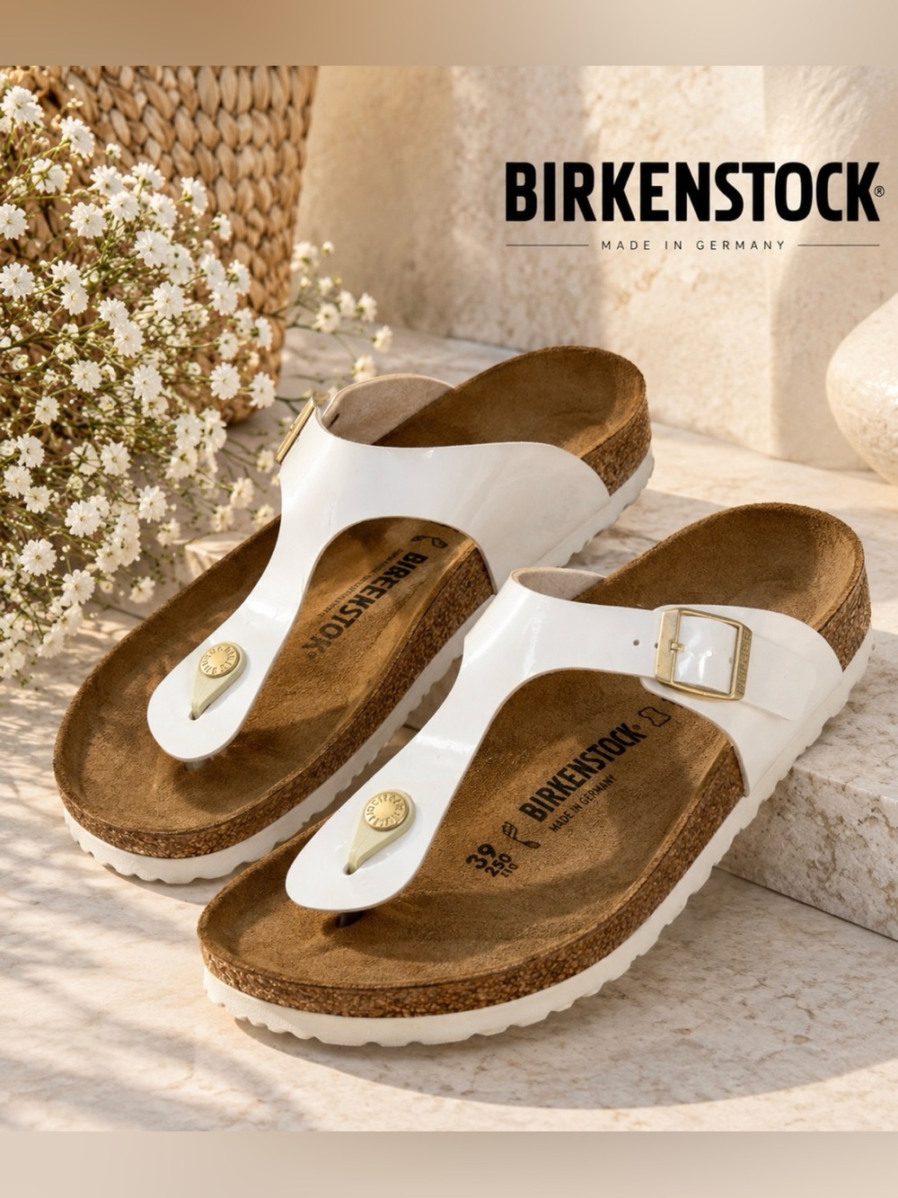 Birkenstock Women’s White Patent Gizeh Thong Sandals with Gold Accents Size 7.5
